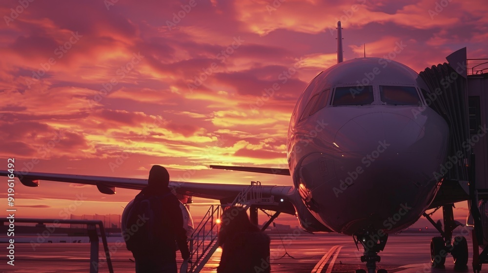 Poster Imagine boarding an airplane at sunrise, the sky painted in shades of pink and orange, as you prepare for a journey to an exotic destination.