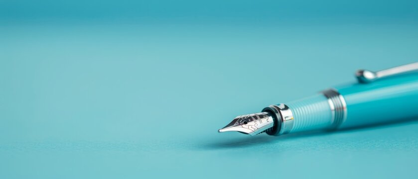  A tight frame of a fountain pen against a blue backdrop, with its tip directed at the camera ..Or,..Up-close