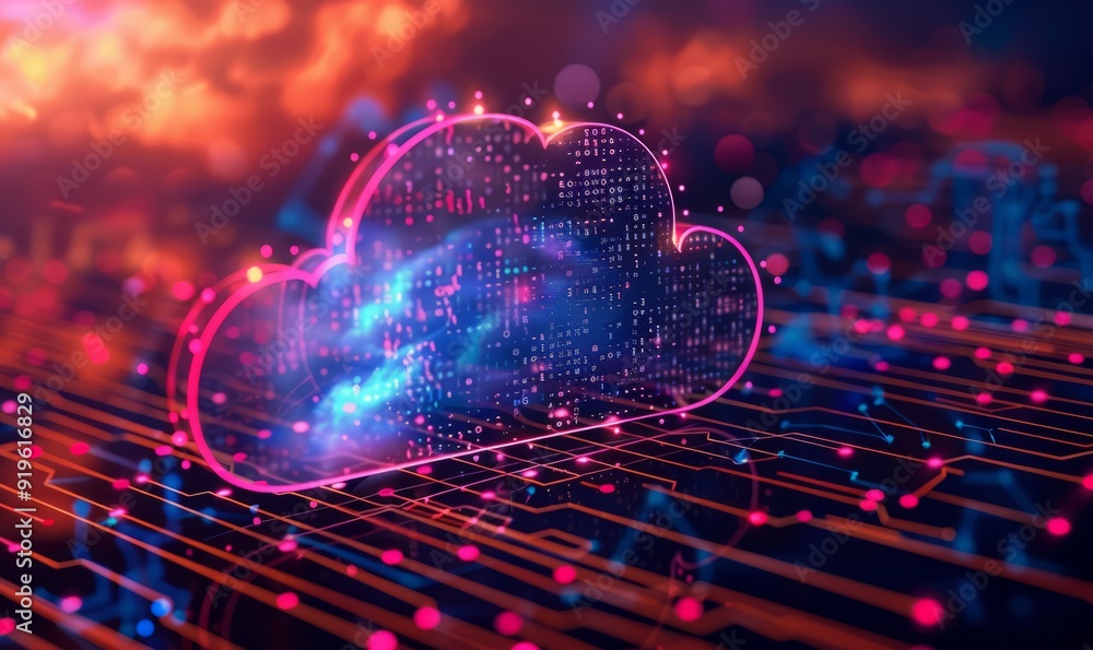 Poster on an abstract tech background, a cloud computing concept is shown. --ar 5:3 --v 6 job id: 8d5cc96e-