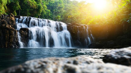A serene waterfall in a tropical jungle, with sunlight filtering through the trees