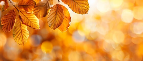 Fototapeta premium A tight shot of a tree branch, adorned with yellow leaves, against a hazy backdrop of leafy depth