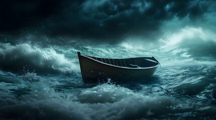 Obraz premium A stormy sea with a small boat, symbolizing the struggle of navigating intense emotions and anxiety.