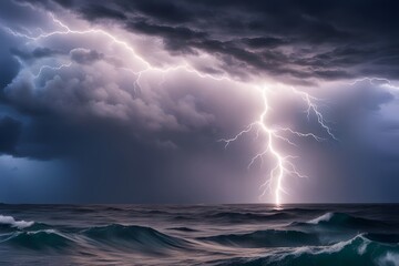 A bright lightning bolt piercing through swirling storm clouds over the ocean, AI Generated