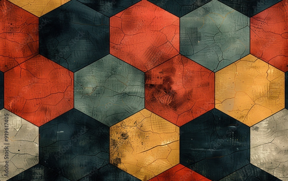 Poster a repeating pattern of cracked hexagon tiles in various colors