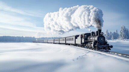 A vintage steam train traveling through a snowy landscape, with smoke billowing from its stack