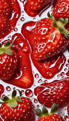 A detailed close-up image of a fresh strawberry slice with glistening drops of juice, isolated against a crisp white background, highlighting its vibrant red color and natural texture.
