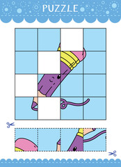 Puzzle for kids. Cut and glue. Find the missing parts of the picture. Vector worksheet of simple educational game