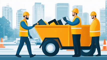 Naklejka premium Construction workers unload items from a cart in an urban environment, showcasing teamwork and service in city development.