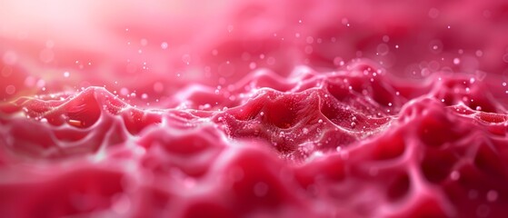  A tight shot of a red material, dotted with water beads on its surface, against a softly blurred backdrop