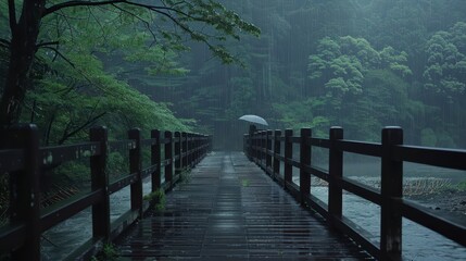 Fototapeta premium A person stands under an umbrella on a wooden bridge in a peaceful, rain-soaked forest