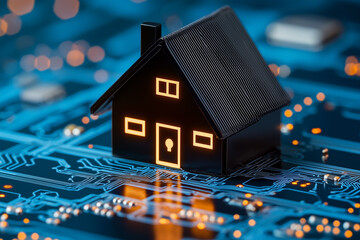 A small house made of black plastic stands on an electronic circuit board , creating the concept of smart homes and home security systems.