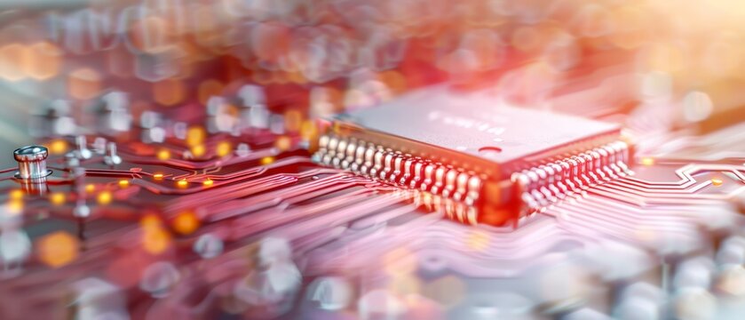  A detailed view of a computer chip atop a printered circuit board, featuring a protruding screw