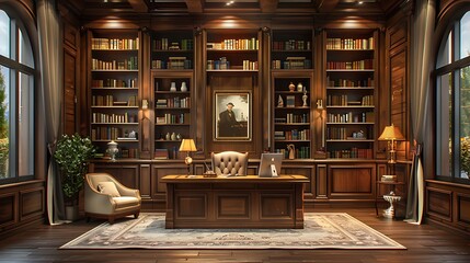 A classic library office featuring built-in bookshelves, a reading nook with a plush armchair and side table, a wooden desk with an antique lamp, warm ambient lighting, and a scholarly ambiance,