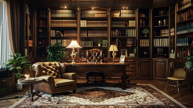 A classic library office featuring built-in bookshelves, a reading nook with a plush armchair and side table, a wooden desk with an antique lamp, warm ambient lighting, and a scholarly ambiance,