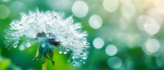 Obraz premium A dandelion in focus, drops of water clinging tightly, background softly blurred