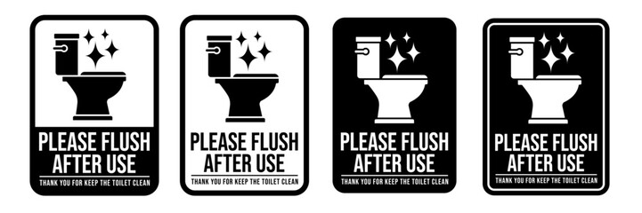 Please flush toilet after use sign, logo, badge, icon, sticker, label, emblem, stamp, symbol, black, line, flat vector, isolated illustration.