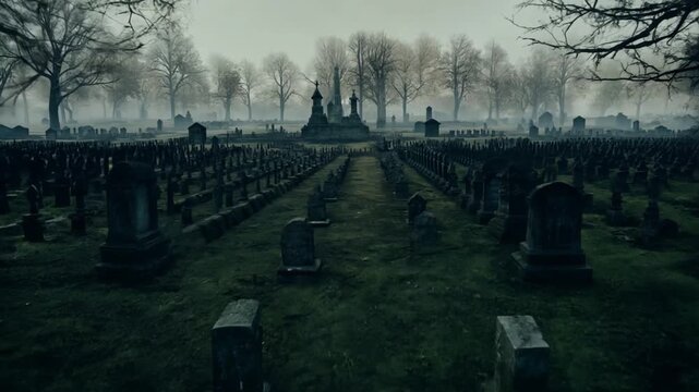 Flying around an abandoned graveyard with an aerial drone, one can see weathered tombstones scattered across the landscape. The cold, damp air is filled with a distant, faint moaning. Generative AI