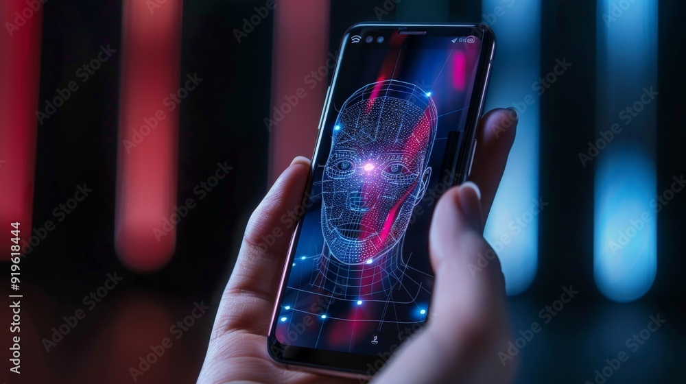 Poster imagine a smartphone with biometric security features, including facial recognition and fingerprint 