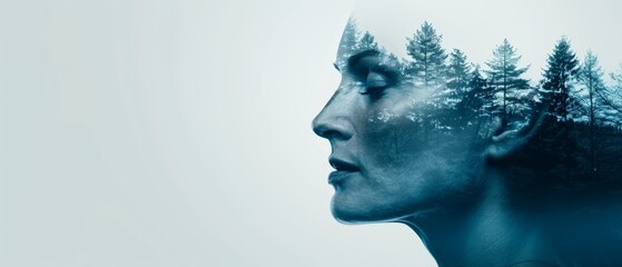  A woman's face superimposed over a forest backdrop with trees in the foreground