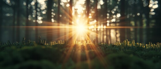  The sun brightly shines through the forest's green trees, their tall, leafy branches casting dappled light on the grass below