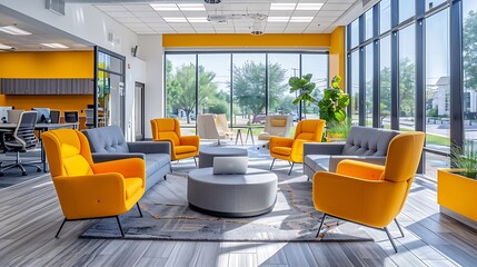 A collaborative open plan office with spacious seating areas, large communal tables, and contemporary design, featuring bright colors, ergonomic furniture, and large windows providing natural light,