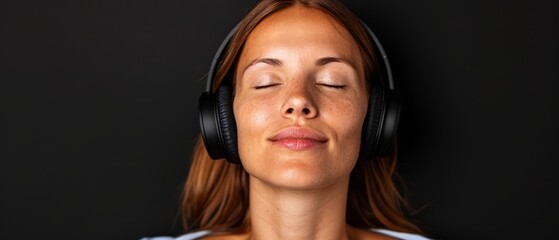 Fototapeta premium A woman with closed eyes wears headphones in front of a black background