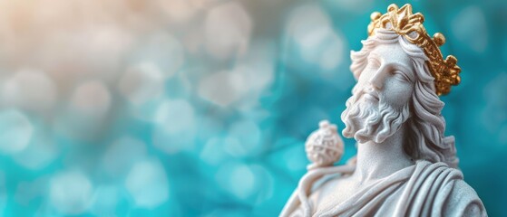  A detailed shot of a statued man wearing a crown against a blue backdrop