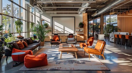 A contemporary tech office with an open-plan layout, ergonomic furniture, and innovative design, including collaborative areas with whiteboards, a relaxed lounge with bean bags,