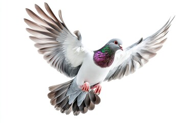 Pigeon flying and cooing isolated on a white background