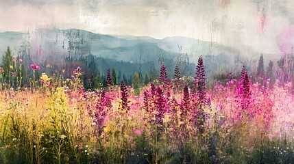 Naklejka premium A Field of Flowers in a Misty Mountain Landscape