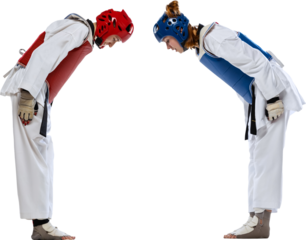 Before fight. Two young women, taekwondo athletes practicing together isolated on transparent background. Concept of sport, education, skills, combat sport, martial arts
