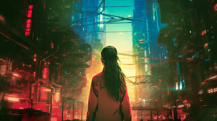 Woman standing in the city cyberpunk, AI generate