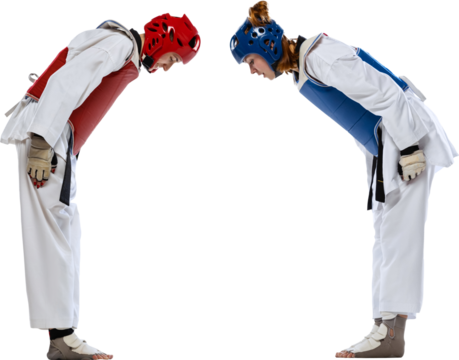 Before fight. Two young women, taekwondo athletes practicing together isolated on transparent background. Concept of sport, education, skills, combat sport, martial arts