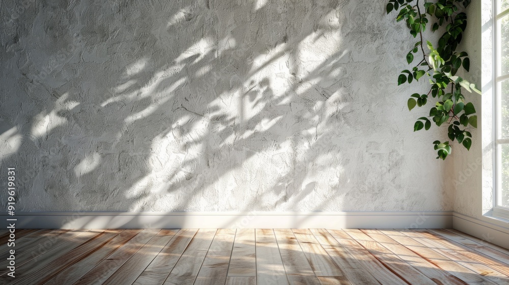 Poster a large window with a plant in it is letting in sunlight