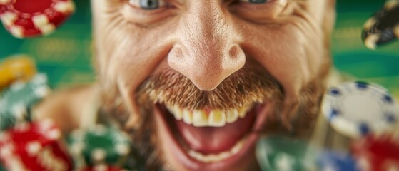  A man's face, closely framed, grinning broadly, chips stacked high on his head
