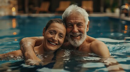 Fototapeta premium A joyful senior couple enjoys a playful moment in the pool, radiating happiness and love during their serene swimming experience.