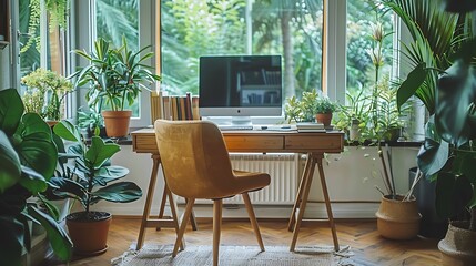 Fototapeta premium A cozy home office with a comfortable chair, a simple wooden desk, personal decor such as books and plants, large windows letting in ample natural light, and a warm, inviting atmosphere, hd quality,