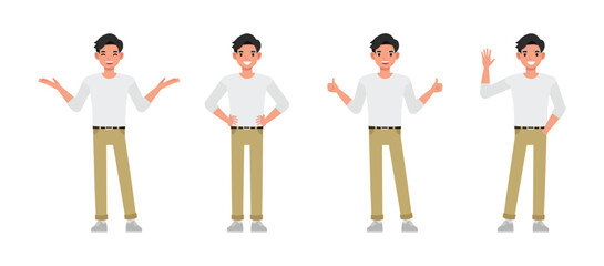 Men wear white shirt character set. Man points, OK gesture, say hello and presentation. Vector illustration cartoon design. © yindee