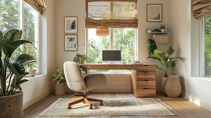 A cozy home office with a comfortable chair, a simple wooden desk, personal touches like framed pictures and greenery, large windows allowing in plenty of natural light, and a warm,