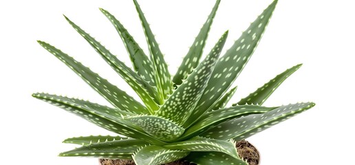 Fototapeta premium Close up of an aloe vera plant, showing its succulent leaves with white spots and a green color. The plant is isolated on a white background.