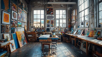 Fototapeta premium A creative studio filled with vibrant colors, inspirational artwork, and various creative tools and supplies, including paints, brushes, and canvases,