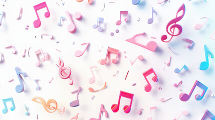 Vibrant 3D music notes in pastel colors floating against a white background, symbolizing creativity, rhythm, and musical expression