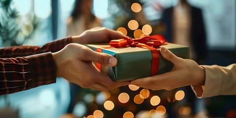 Hands exchange green Christmas present red ribbon with festive holiday lights
