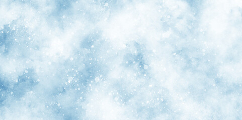 A winter background with snowflakes and randomized floating bokeh, blue snow background with clouds, light blue bokeh background for design, beautiful blue watercolor background with glitter particle.
