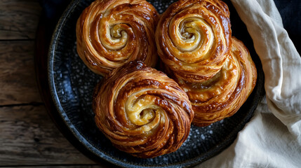 Fototapeta premium Close-Up of Traditional French Pastry with Golden-Brown Crusts on Antique Plate, Set Against Rustic Linen, Highlighting Rich Colors and Intricate Details in a Warm, Cozy European Dining Setting
