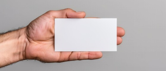 Obraz premium A man's hand holding a white square paper against a gray backdrop with text space