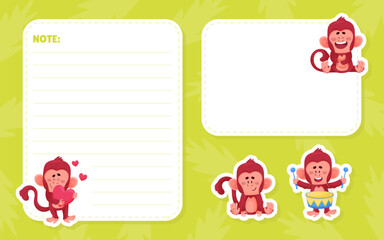 Note Card with Cute Playful Monkey Character Vector Template