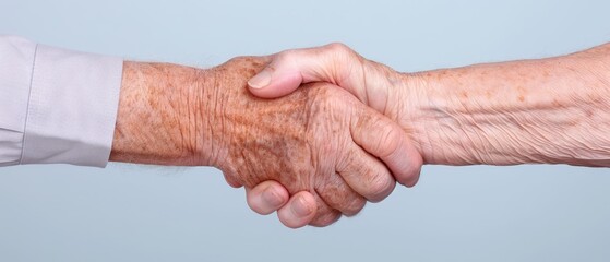 Fototapeta premium A person shakes hands with another, both facing a light blue wall behind them