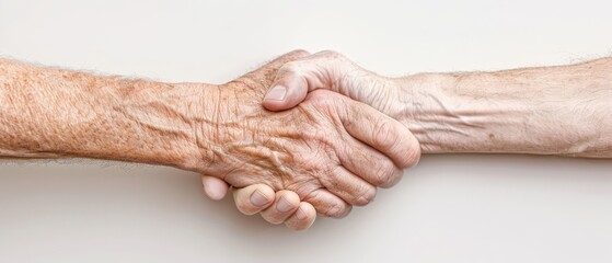 Fototapeta premium A person tightly grasps another's hand, palms overlapping, against a pristine white backdrop