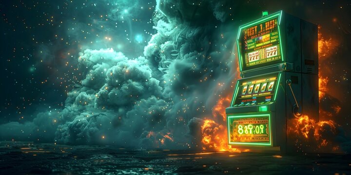 3D illustration slot machine Green neon lights smoke explosion, copy space